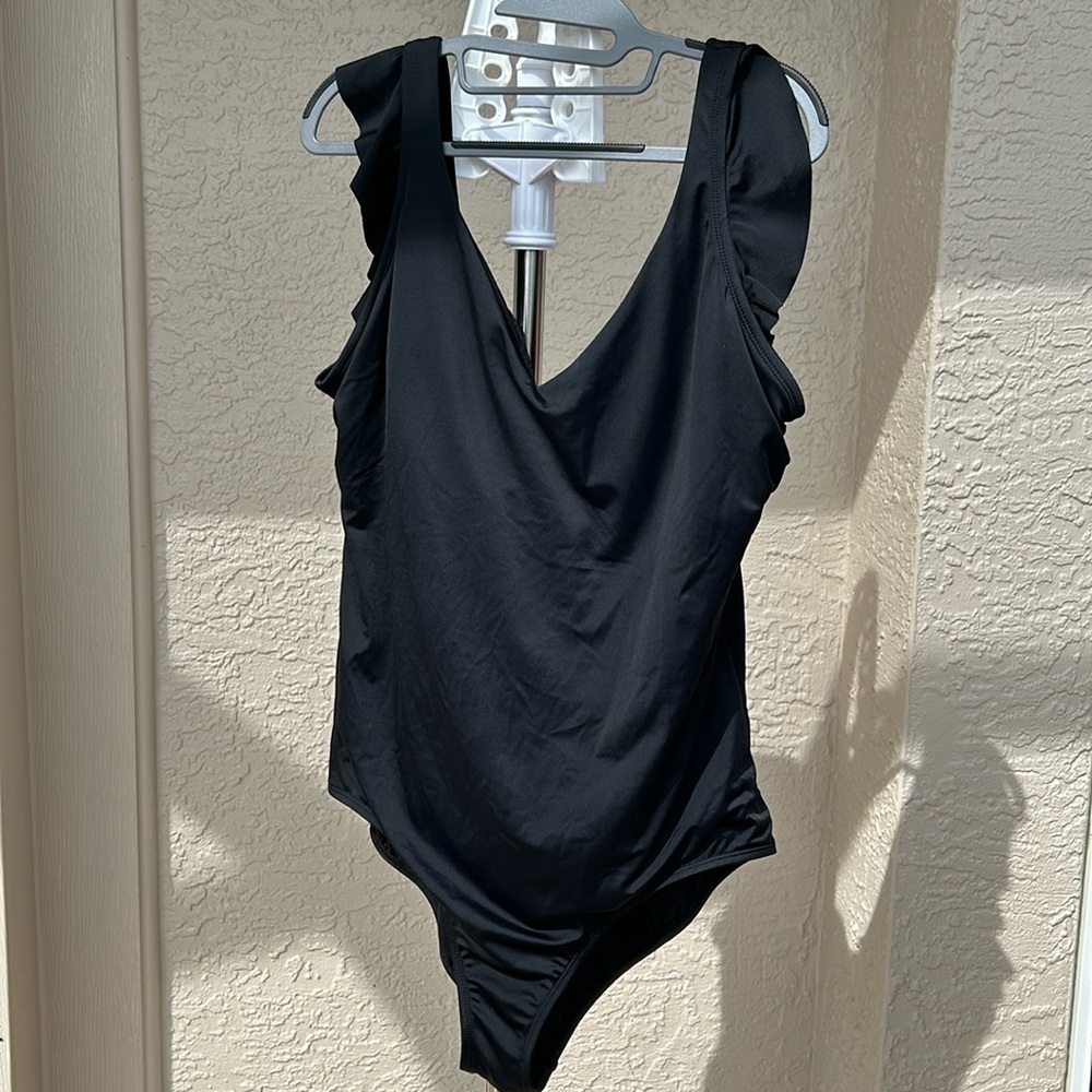 Black, flutter sleeve plus size swimsuit